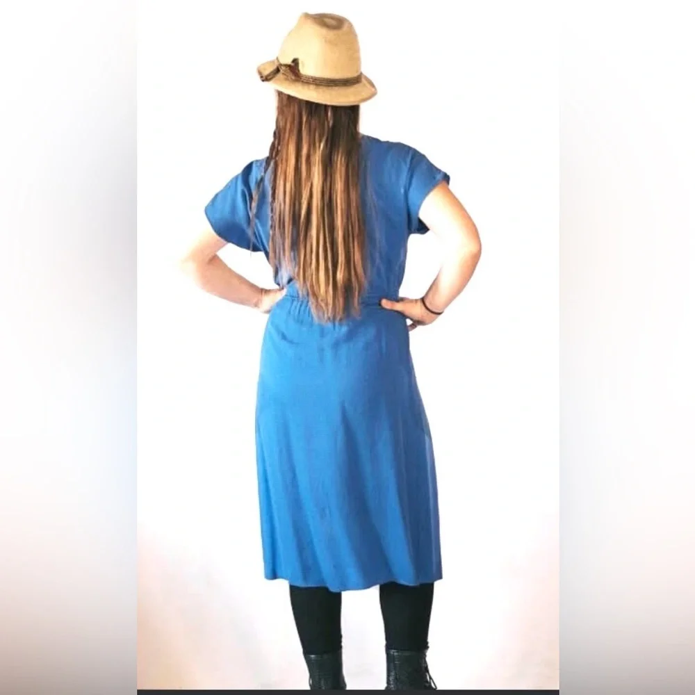 Vintage Hibiscus blue silk dress, size S - Picture 2 of 2